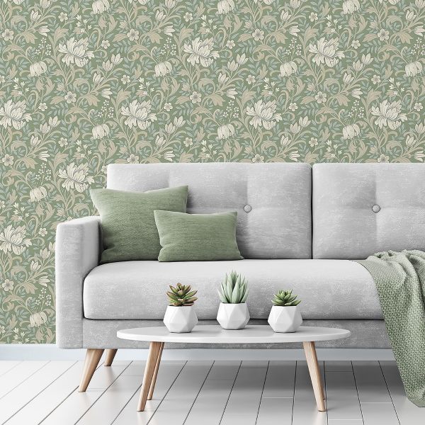 Marian Floral Child Room Wallpaper Sage Green by Grandeco